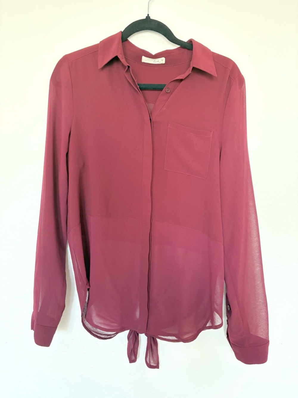 Lush Button Up Long Sleeve Tie Back Blouse Size Medium Sheer Burgundy Berry
